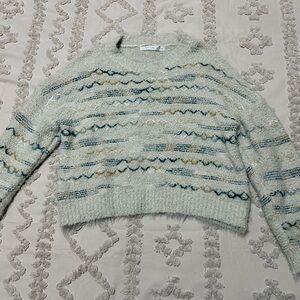 Altar'd State Cream and Blue Patterned Fuzzy Sweater